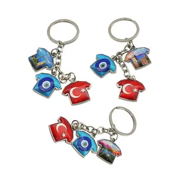 Antalya Themed Metal Keychain With 3 Charms - T-Shirt 40x95 mm - 2