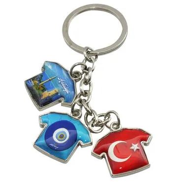 Antalya Themed Metal Keychain With 3 Charms - T-Shirt 40x95 mm - 3