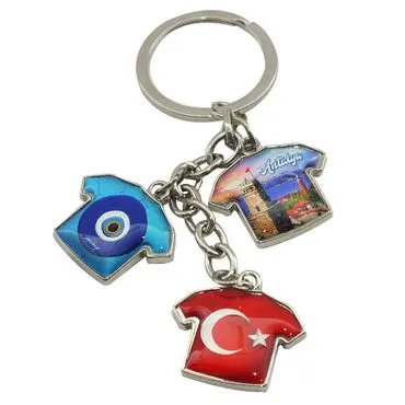 Antalya Themed Metal Keychain With 3 Charms - T-Shirt 40x95 mm - 4
