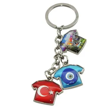 Belek Themed Metal Keychain With 3 Charms - T-Shirt 40x95 mm - 3