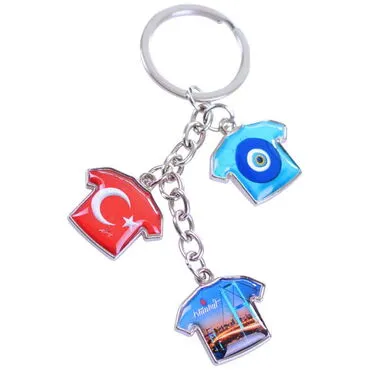 Istanbul Themed Metal Keychain With 3 Charms - T-Shirt 40x95 mm - 3