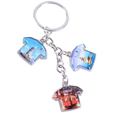 Istanbul Themed Metal Keychain With 3 Charms - T-Shirt 40x95 mm - 6