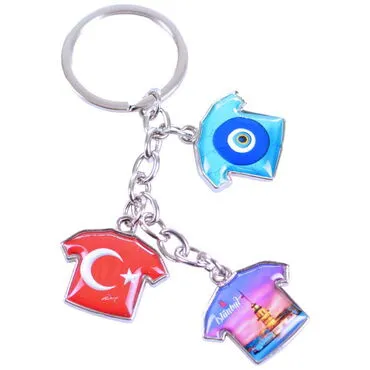Istanbul Themed Metal Keychain With 3 Charms - T-Shirt 40x95 mm - 8