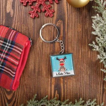 Christmas Themed Metal Square Shaped Double Sided Keychain 36x95 mm - 5