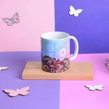 Toptan Renkli Mandala Desenli Mavi Çiçekli Kupa - Standart - 2