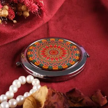 Mandala Themed Customised Metal Epoxy Travel Make Up Compact Mirror 70x11 mm