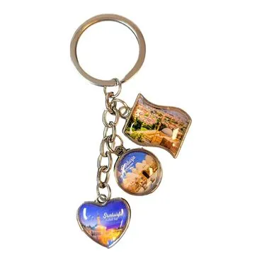 Sanliurfa Themed Metal Keychain With 3 Charms - Mixed 40x90 mm - 3