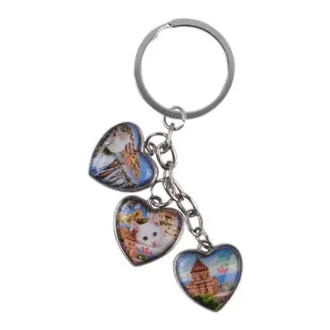 Van Themed Metal Keychain With 3 Charms - Heart 40x85 mm - Standart
