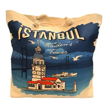 Toptan İstanbul Temalı Dijital Baskılı Kanvas Plaj Çantası 470*390*150 MM - 2