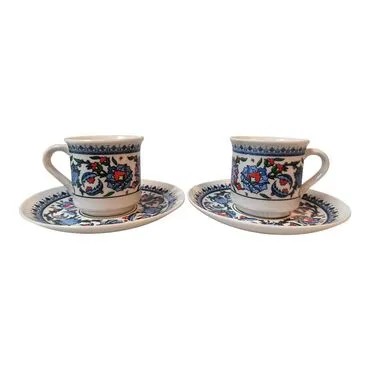 Tile Pattern Themed Turkish Ceramic Custom Printed Turkish Coffee Cup Set of 2 pcs - 17