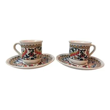 Tile Pattern Themed Turkish Ceramic Custom Printed Turkish Coffee Cup Set of 2 pcs - 18