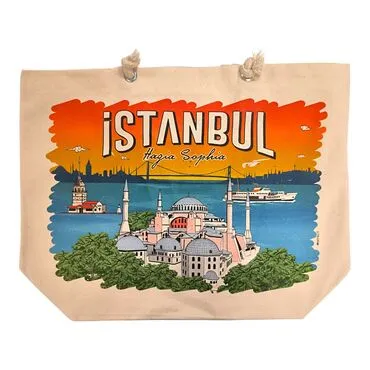 Toptan İstanbul Temalı Dijital Baskılı Kanvas Plaj Çantası 470*390*150 MM - 11