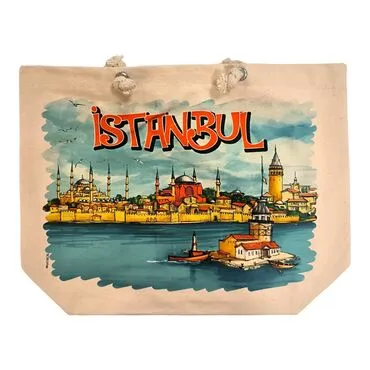 Toptan İstanbul Temalı Dijital Baskılı Kanvas Plaj Çantası 470*390*150 MM - 12