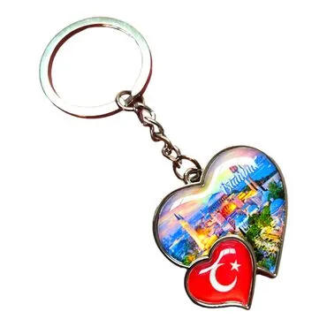 Istanbul Themed Metal Double Heart Shaped Keychain 40x94 mm - 2