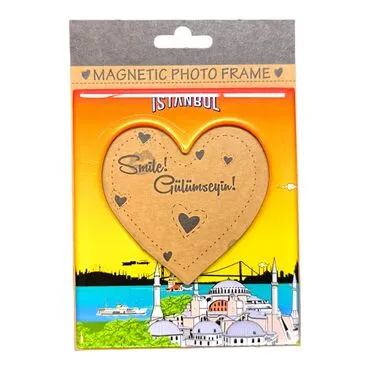 Istanbul Themed Epoxy Dome Souvenir Magnetic Heart Shaped Photo Frame 95x110 mm