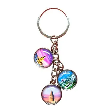 Istanbul Themed Metal Keychain With 3 Charms - Round 40x90 mm - 7