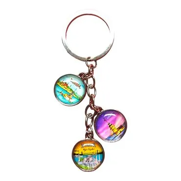Istanbul Themed Metal Keychain With 3 Charms - Round 40x90 mm - 8