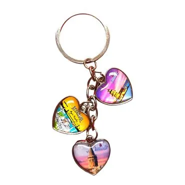 Istanbul Themed Metal Keychain With 3 Charms - Heart 40x85 mm - 9