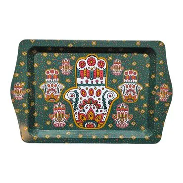 Wholesale Fatima's Hand Themed Mini Metal Tray (25*16 Cm) Double Sided Printed