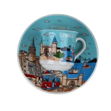 Istanbul Themed Turkish Ceramic Custom Printed Turkish Coffee Cup Set of 2 pcs - 2