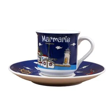 Wholesale Marmaris Themed Printed Porcelain 2 Piece Coffee Set - 2