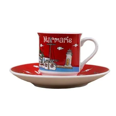 Wholesale Marmaris Themed Printed Porcelain 2 Piece Coffee Set - 3