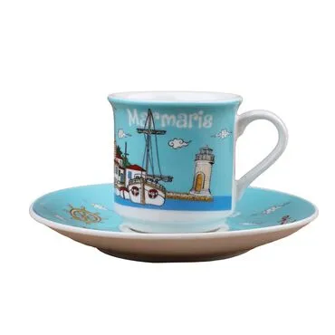 Wholesale Marmaris Themed Printed Porcelain 2 Piece Coffee Set - 4