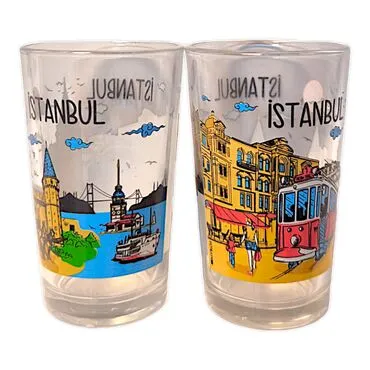 Wholesale Istanbul Themed Myros Printed Coffee Side Glass
