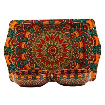 Toptan Mandala Temalı Metal Tepsi Kase Seti