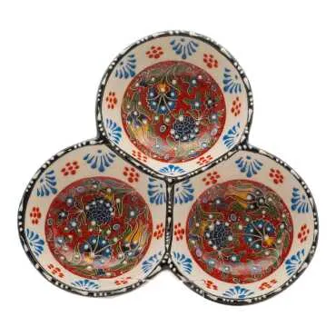 Çini Temalı Özel Kabartma  Üçlü Yuvarlak Çerezlik Orta 18 Cm