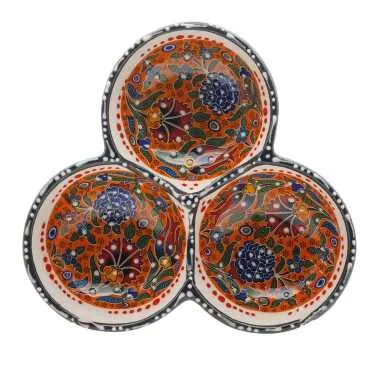 Ceramic Themed Embossed Triple Round Snack Bowl Set Small 13 cm