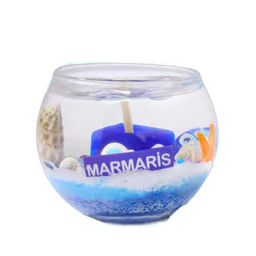 Marmaris Themed Small Round Glass Candle with Gel Wax