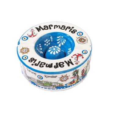 Marmaris Themed Traditional Ceramic Lidded Small Ashtray 110 mm - Standart - 2