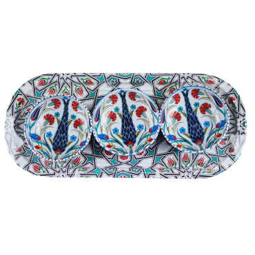 Ceramic Themed Metal Oval Tray with Three Bowl Set - 2