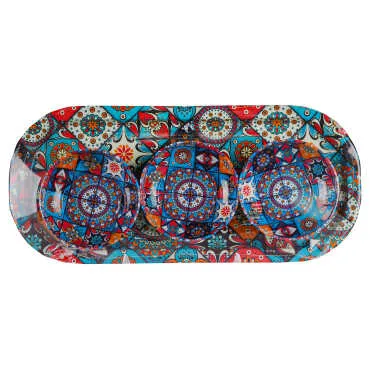 Mandala Temalı Metal Oval Tepsi-Üçlü Kase Seti