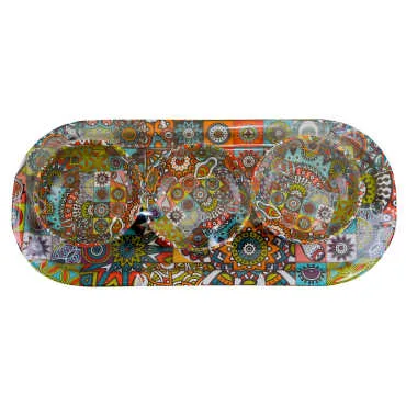 Mandala Temalı Metal Oval Tepsi-Üçlü Kase Seti - 2