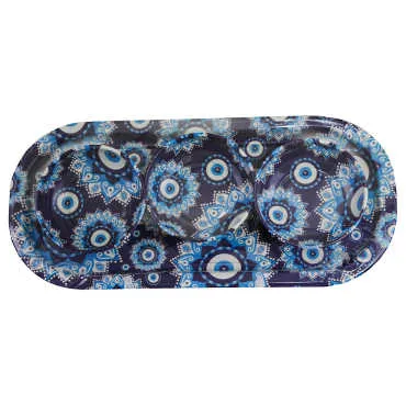 Nazar Themed Oval Metal Tray with Triple Bowl Set