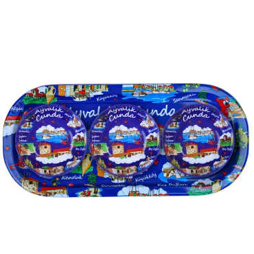 Ayvalık Themed Metal Oval Tray with Triple Bowl Set
