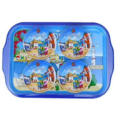 Bodrum Themed Large Metal Tray with Four Bowl Set