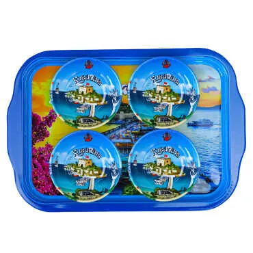 Kuşadası Themed Large Metal Tray with Four Bowl Set