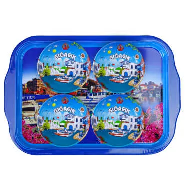 Sığacık Themed Large Metal Tray with Four Bowl Set