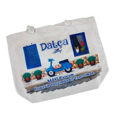 Datça Themed Digital Print Canvas Beach Bag 35x40 cm - 8