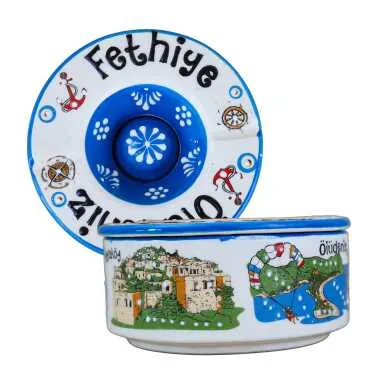 Fethiye Region Themed Traditional Ceramic Lidded Small Ashtray 110 mm