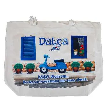 Datça Themed Digital Print Canvas Beach Bag 35x40 cm - 3