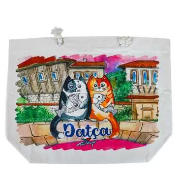 Datça Themed Digital Print Canvas Beach Bag 35x40 cm - 4