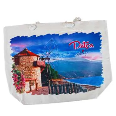 Datça Themed Digital Print Canvas Beach Bag 35x40 cm - 5