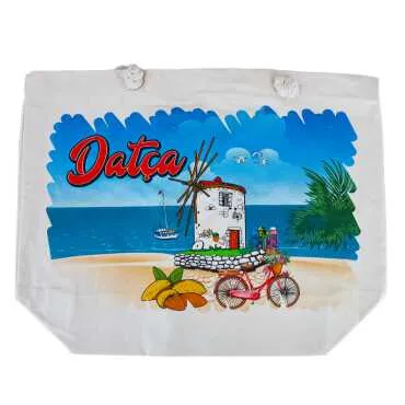 Datça Themed Digital Print Canvas Beach Bag 35x40 cm - 7