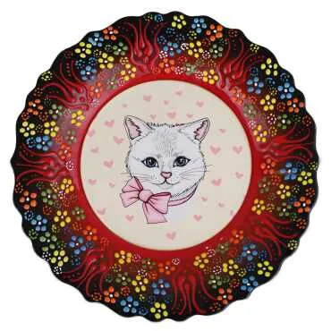 Kedi Temalı Çini Myros Resim Tabak 25 cm
