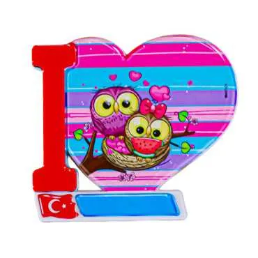Owl Themed UV Printed Heart Shaped Refrigerator Magnet 86x62 mm - Standart
