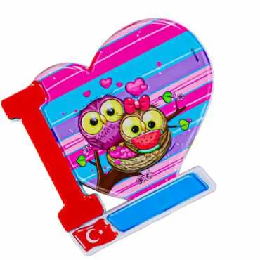Owl Themed UV Printed Heart Shaped Refrigerator Magnet 86x62 mm - Standart - 2